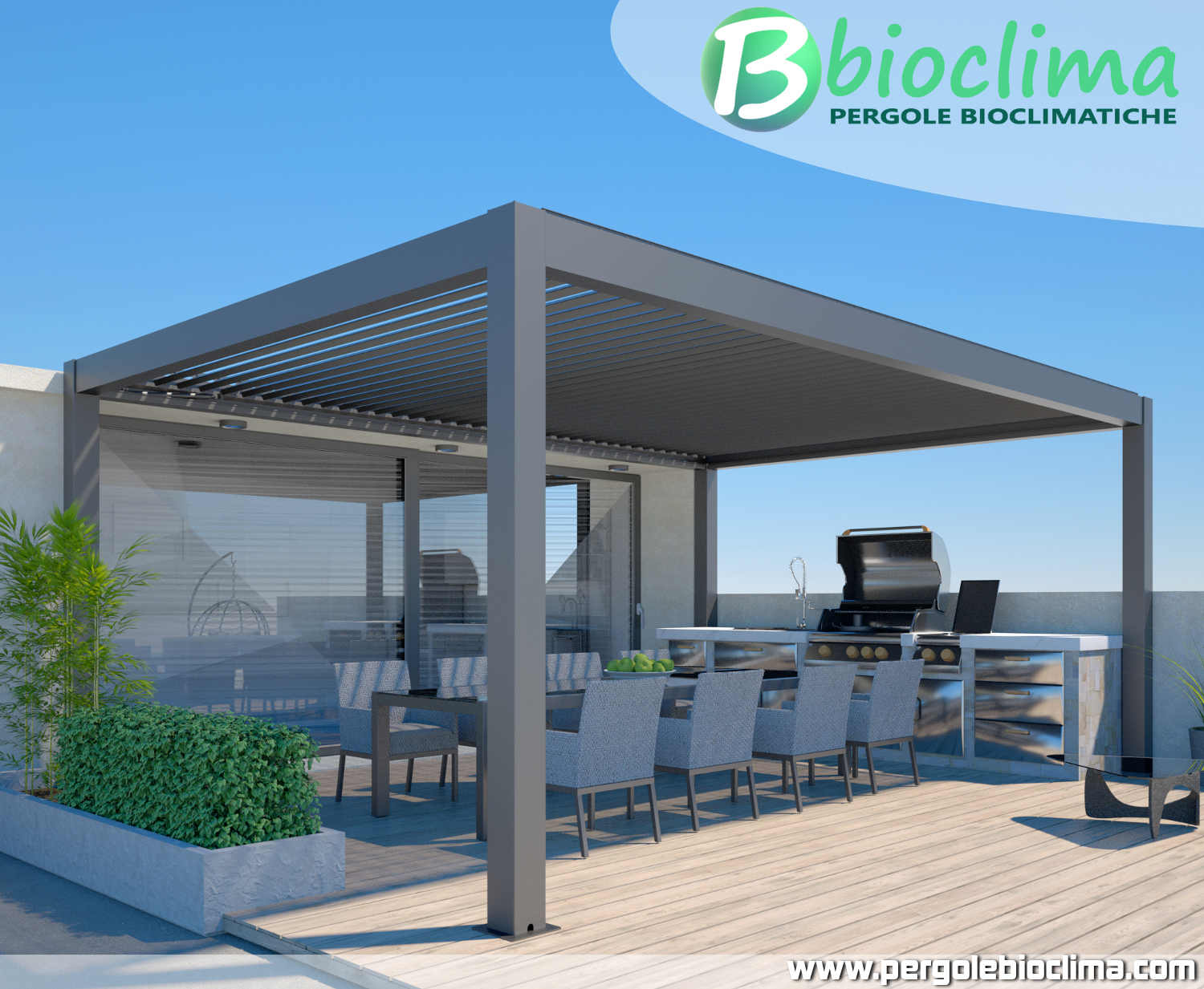 Pergola bioclimatica BioS con lamelle motorizzate e impianto LED integrato