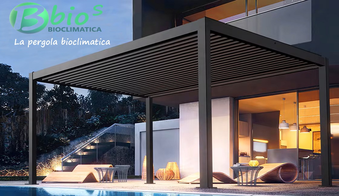 pergola bioclimatica bioS con apertura a lamelle motorizzata e impianto led