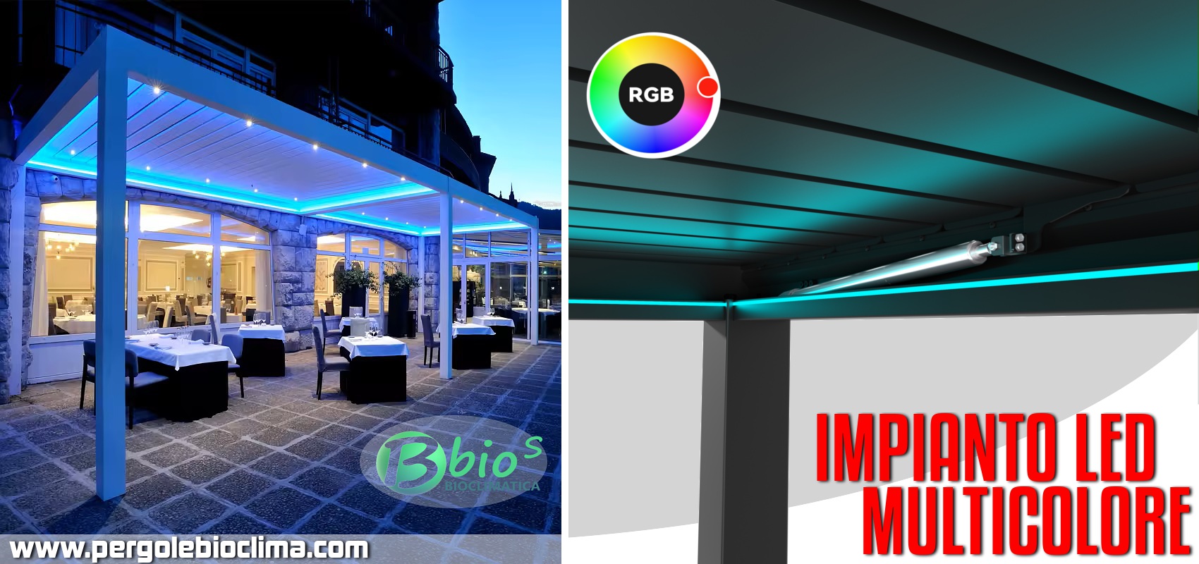 pergola bioclimatica bioS con apertura a lamelle motorizzata e impianto led rgb multicolore