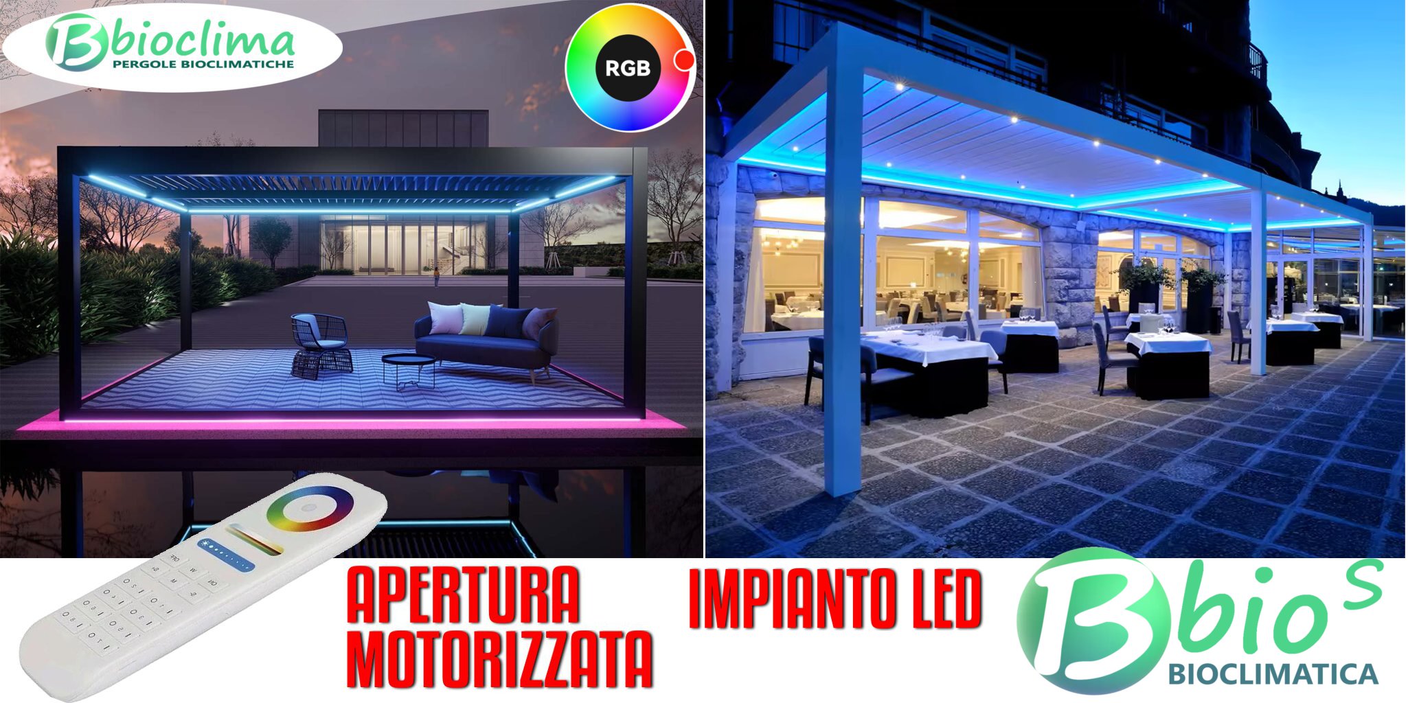 pergola bioclimatica bioS con apertura a lamelle motorizzata e impianto led 