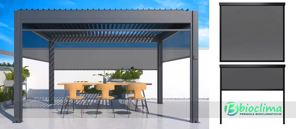 pergola bioclimatica bios con lamelle motorizzata con impianto le tende a caduta 3a