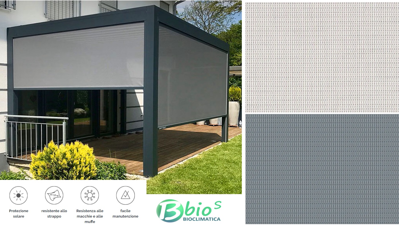 tessuto a maglia bianco e grigio per tenda a caduta per pergola bioclimatica bios pergolebioclima 